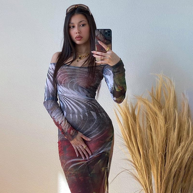 2022 Summer Tie Dye High Split  Bodycon Dresses Women Sheer Long Sleeve Casual Dress