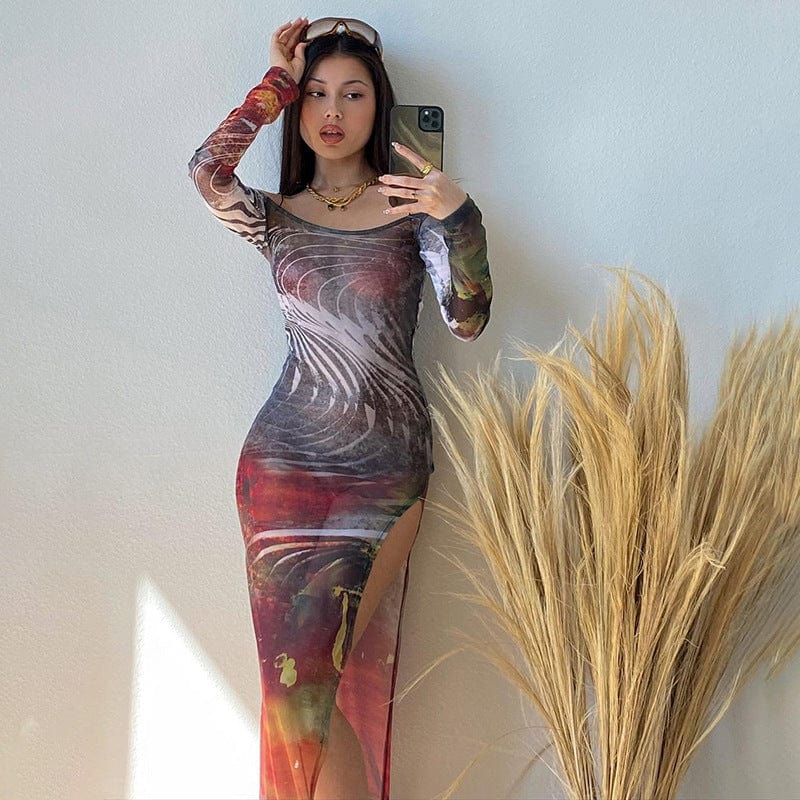 2022 Summer Tie Dye High Split  Bodycon Dresses Women Sheer Long Sleeve Casual Dress