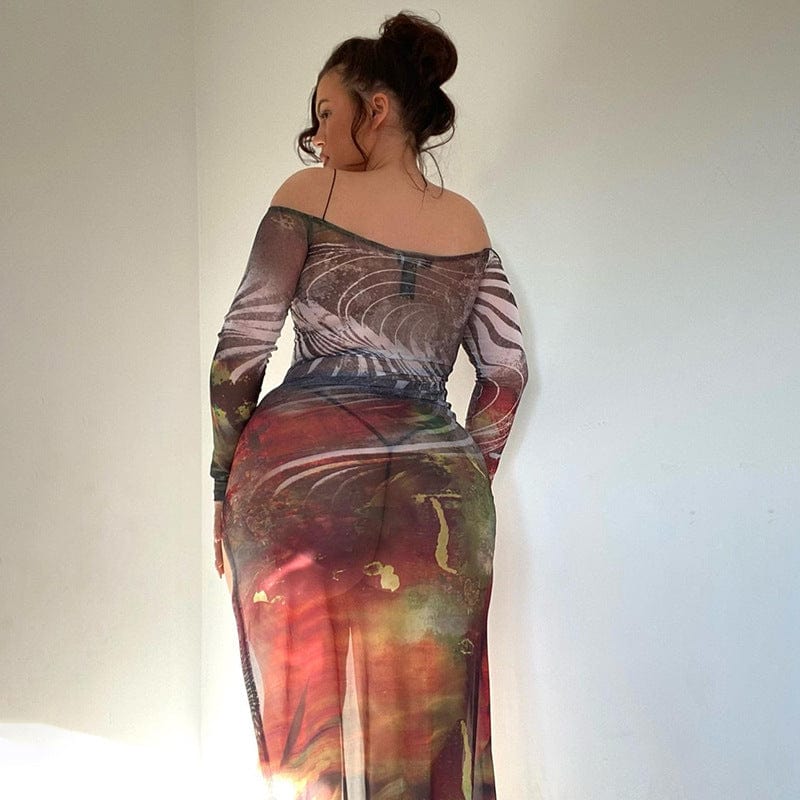2022 Summer Tie Dye High Split  Bodycon Dresses Women Sheer Long Sleeve Casual Dress