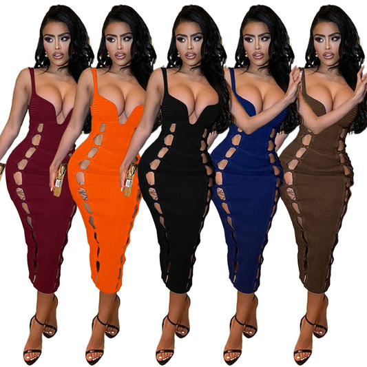 2022 Summer Women Clothes Lady One Piece Sexy Long Knitted Dress Women Hollow Out Bandage Long Halter Bodycon Dress