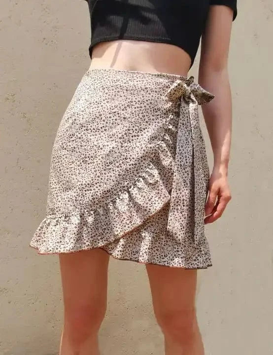 2022 summer women lace up waist skirt European and American irregular falbala hem floral printed girls casual skirts