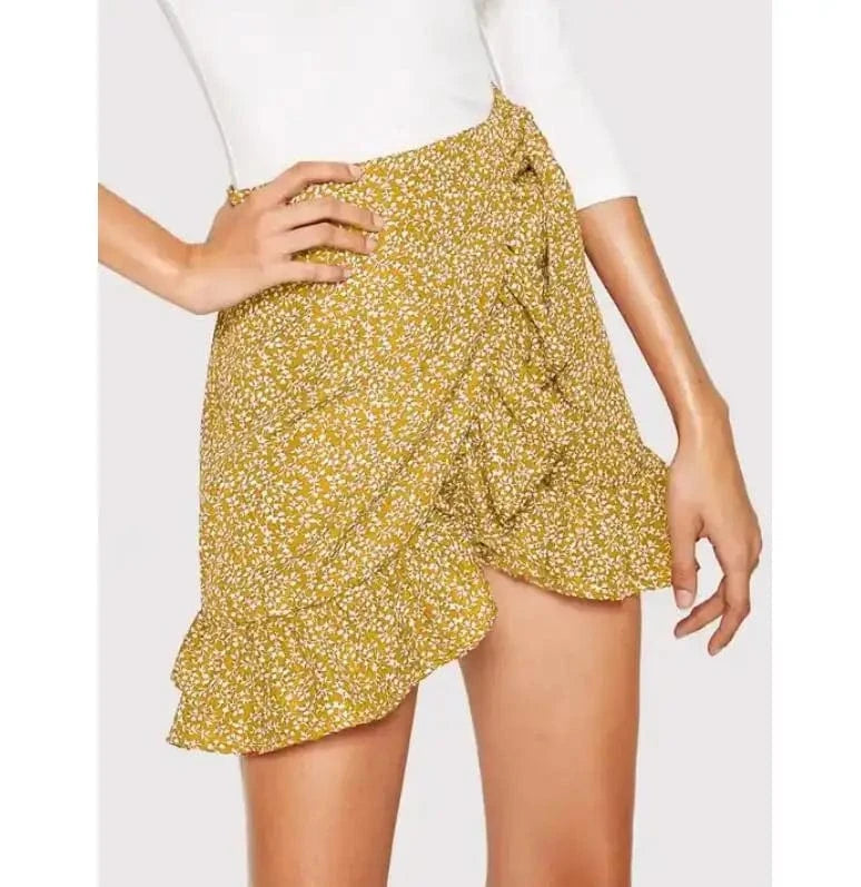 2022 summer women lace up waist skirt European and American irregular falbala hem floral printed girls casual skirts