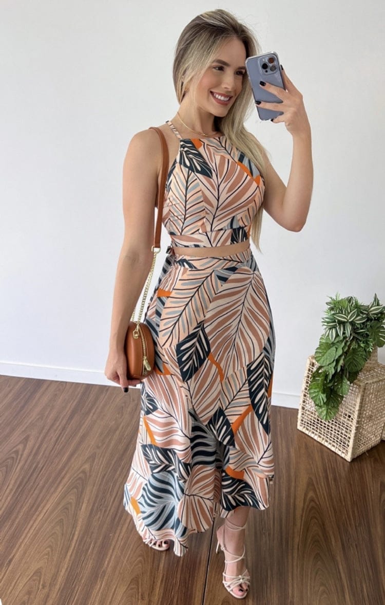 2022 Summer Women's Sexy Camisole Print Swing Skirt Two-Piece Beach Skirt casual Suit