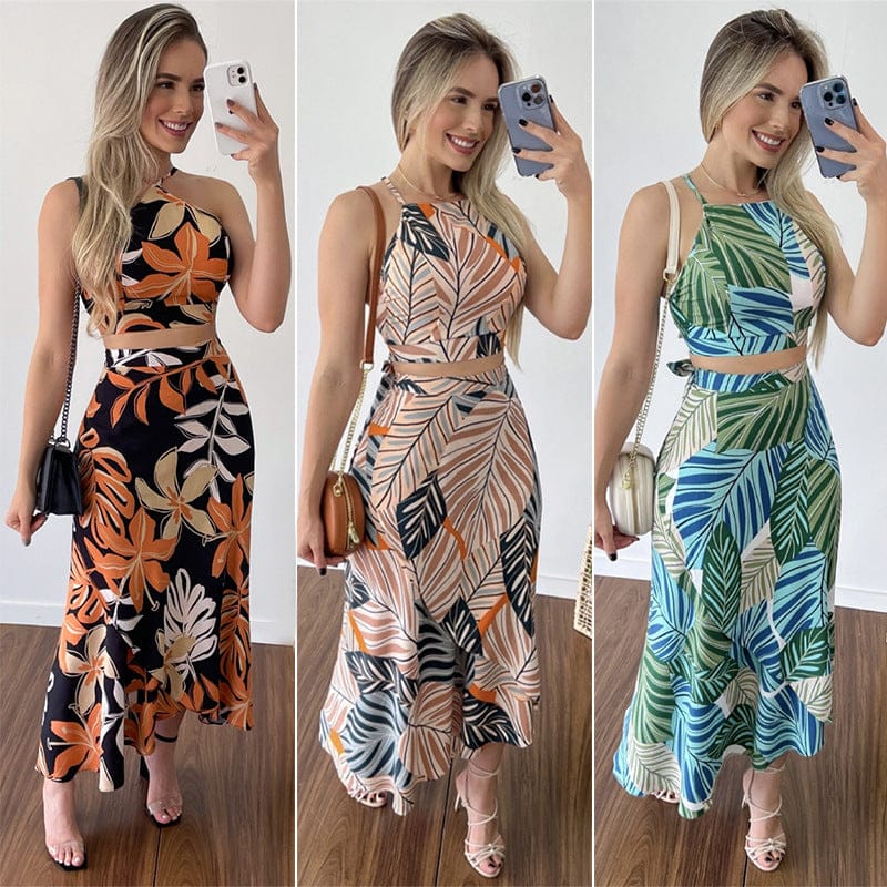 2022 Summer Women's Sexy Camisole Print Swing Skirt Two-Piece Beach Skirt casual Suit