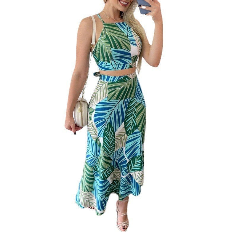2022 Summer Women's Sexy Camisole Print Swing Skirt Two-Piece Beach Skirt casual Suit