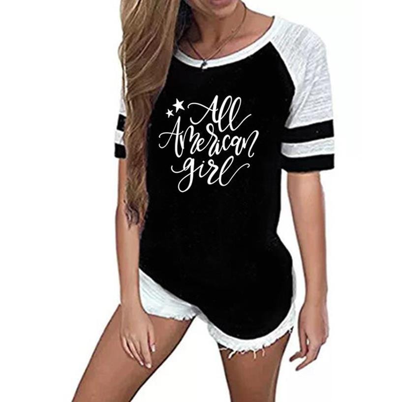 2022 Summer Women T-Shirt Stitching Color Funny Letters Print Tops T-Shirt Women O-Neck Cropped Tees Youth Girl Leisure T-shirt