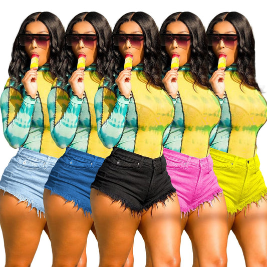 2022 summer womens high waist denim shorts blue tassel jean shorts for women