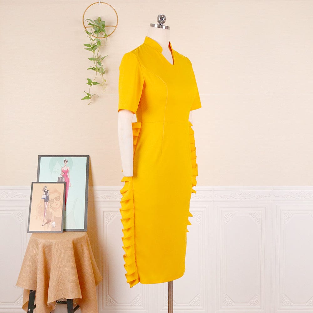 2022 Summer Yellow V Neck Ruffle Africa Women Office Career Dresses