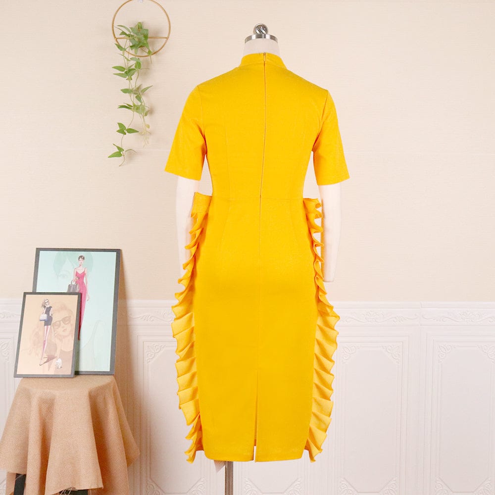 2022 Summer Yellow V Neck Ruffle Africa Women Office Career Dresses