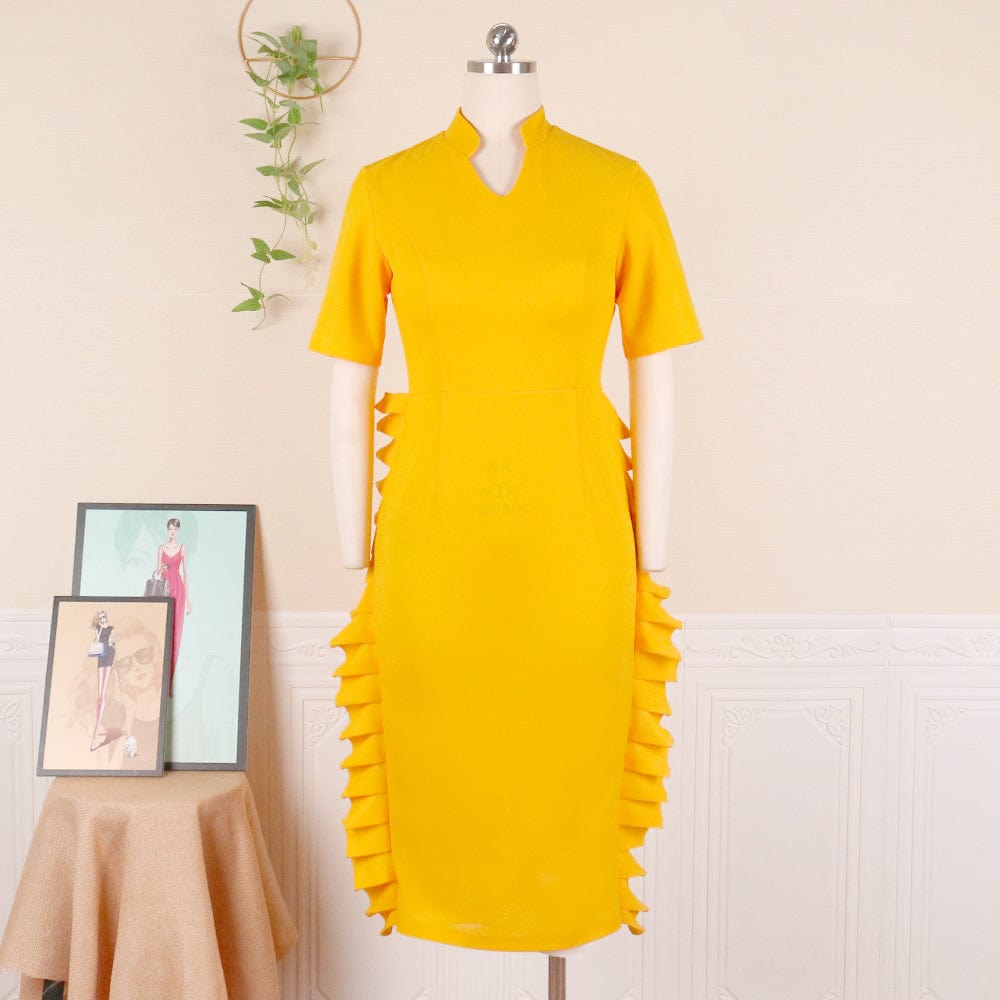 2022 Summer Yellow V Neck Ruffle Africa Women Office Career Dresses