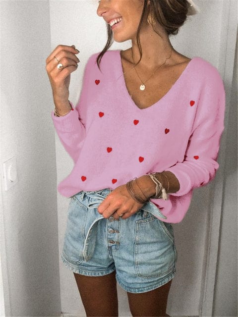 2022 V Neck Embroidery Heart Sweater Women Pullover Knitwear Korean Style Kawaii Jumper Winter Casual Sweaters Tops Sale Coldker
