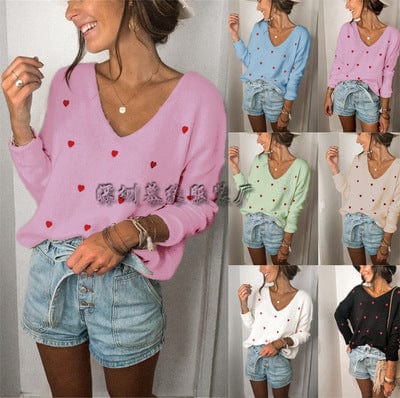2022 V Neck Embroidery Heart Sweater Women Pullover Knitwear Korean Style Kawaii Jumper Winter Casual Sweaters Tops Sale Coldker
