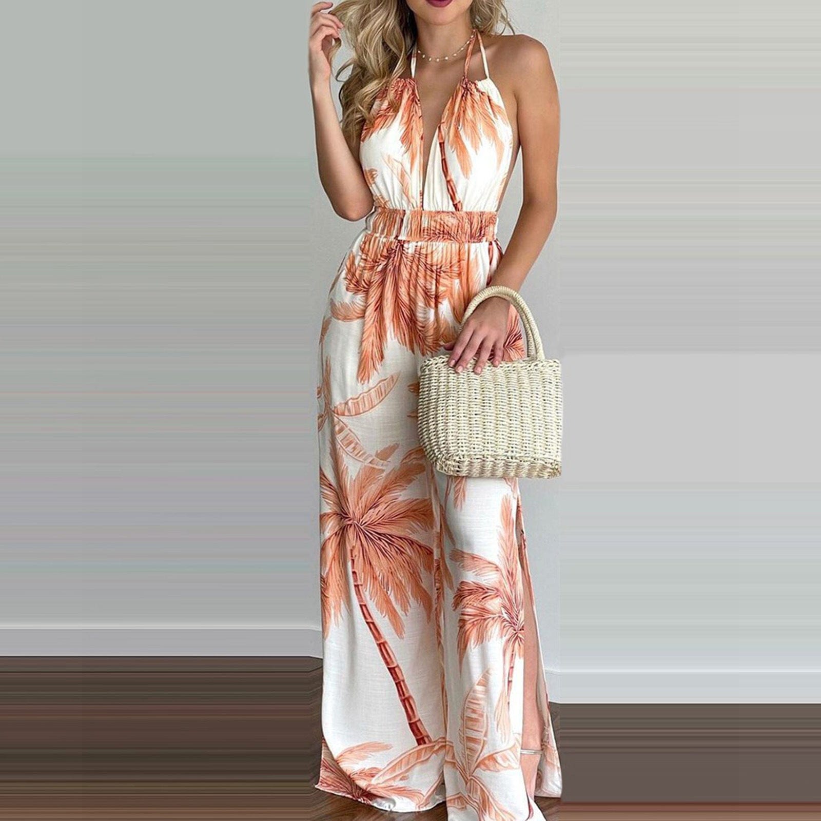 2022 Wholesale Spring Summer Fashion sexy print V-neck suspender sleeveless Jumpsuit women backless casual print Jumpsuit