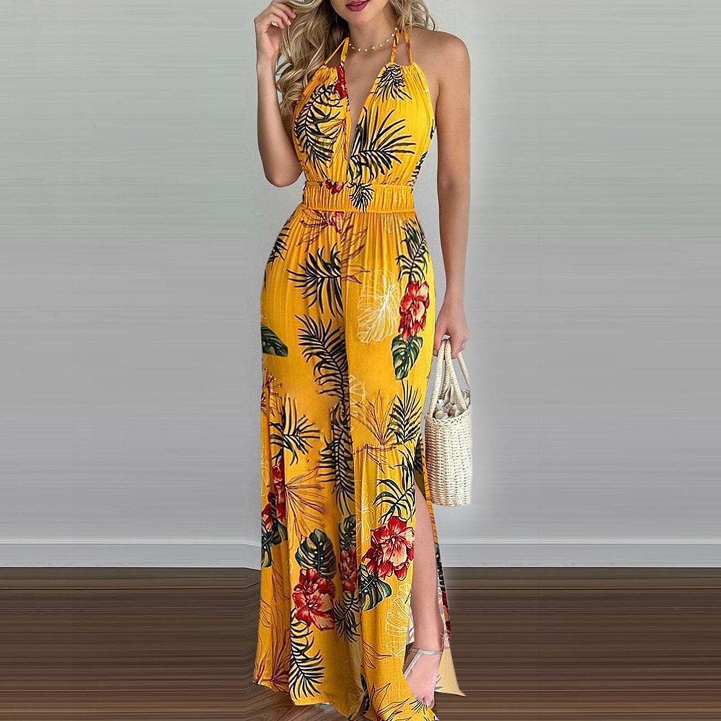 2022 Wholesale Spring Summer Fashion sexy print V-neck suspender sleeveless Jumpsuit women backless casual print Jumpsuit