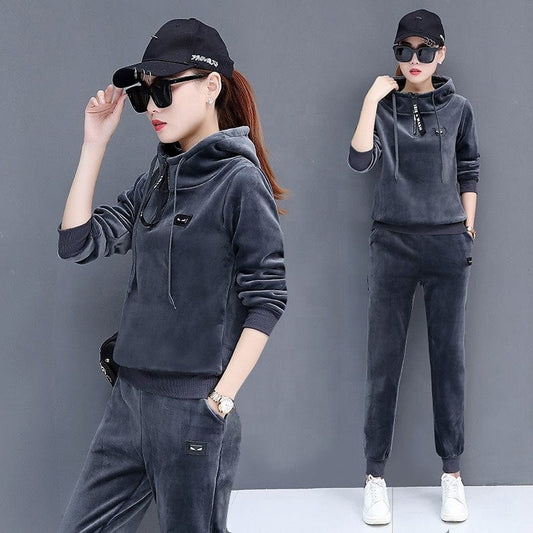 2022 winter Korean style embroidered casual two-piece plus velvet thickened gold velvet women's sportswear suit