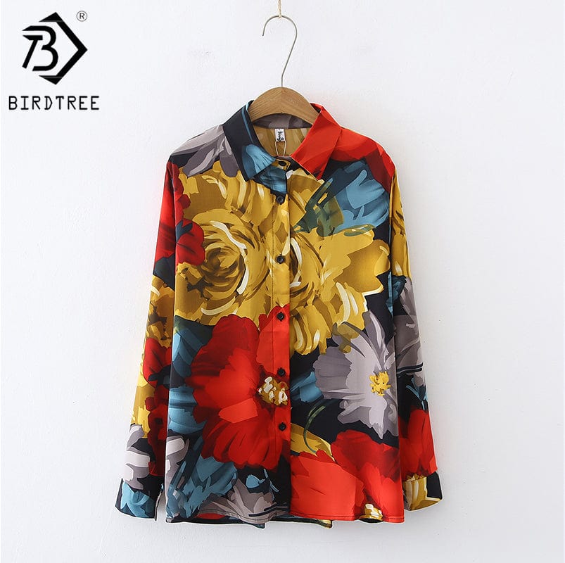 2022 Women Autumn Korean Vintage Print Floral Long Sleeve Shirt Large Chiffon Professional Office Versatile Blouse Shirt T18214Y