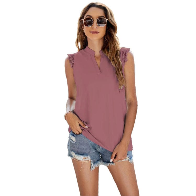 2022 Women Chiffon Blouse Spring Summer Solid Color Shirt Loose V-neck Sleeveless Lace Top