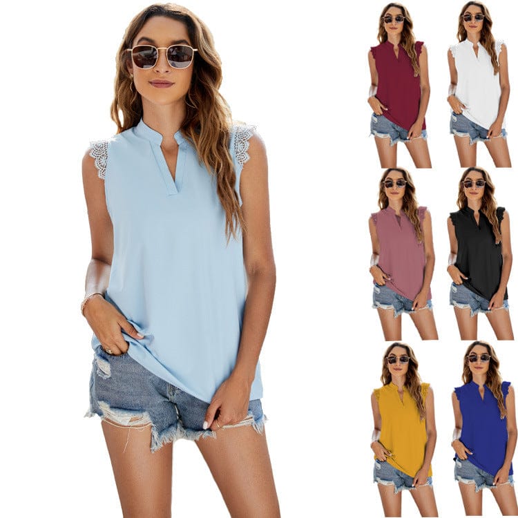 2022 Women Chiffon Blouse Spring Summer Solid Color Shirt Loose V-neck Sleeveless Lace Top