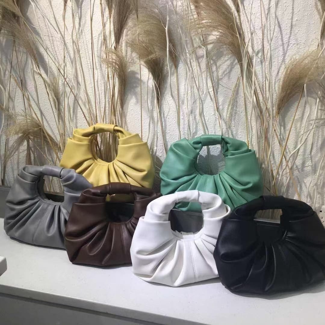 2022 Women Faux Leather Ruffle Ruched Handbag Elegant Handbag Half Moon Shaped Spring Purse Bags for women