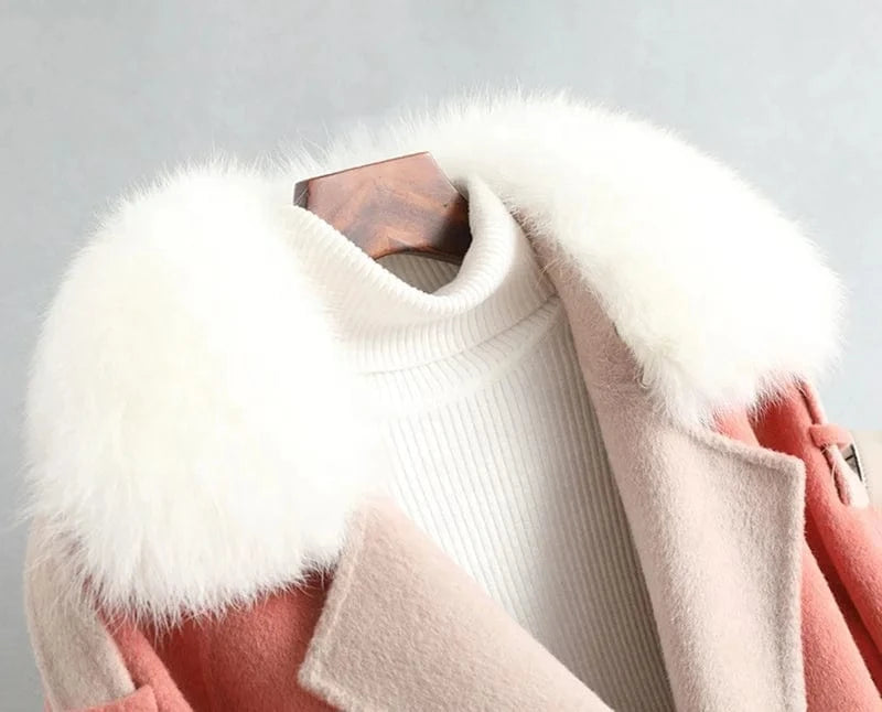 2022 Women Long Length Wool Coat Korean Cashmere Winter Coat With Fox Fur Collar