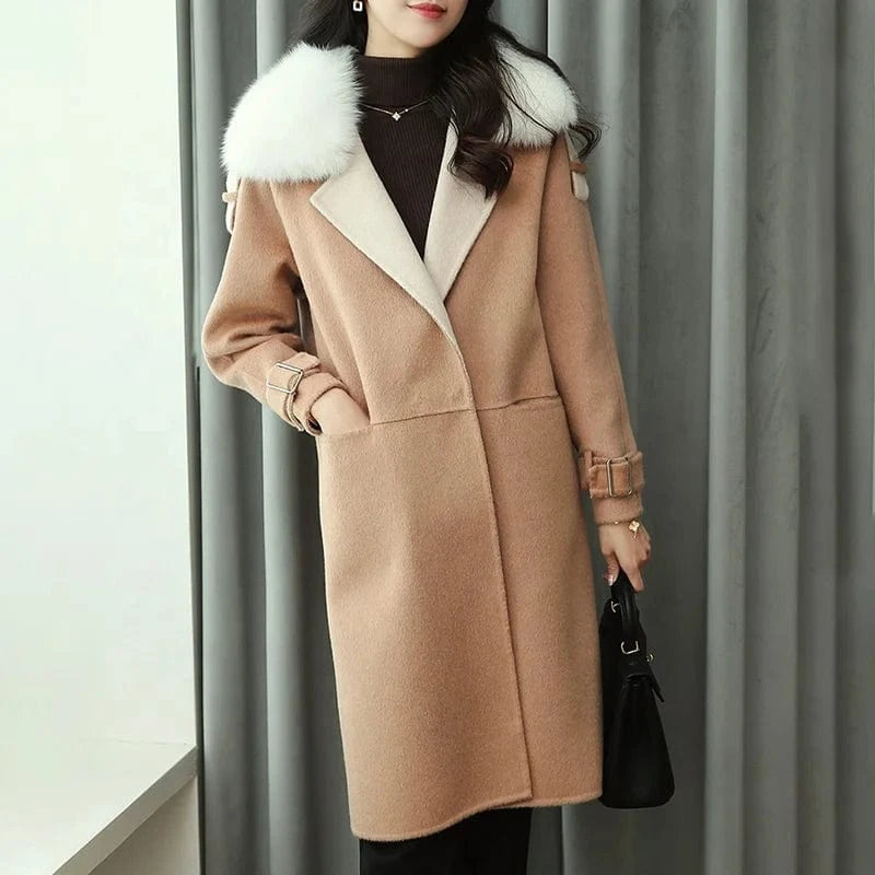 2022 Women Long Length Wool Coat Korean Cashmere Winter Coat With Fox Fur Collar