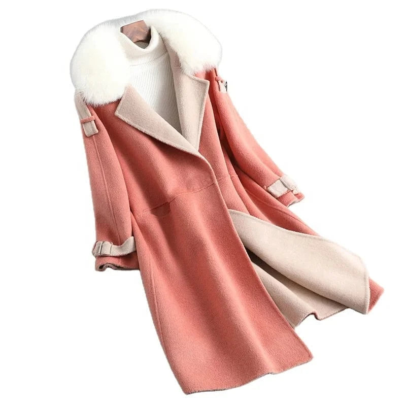2022 Women Long Length Wool Coat Korean Cashmere Winter Coat With Fox Fur Collar