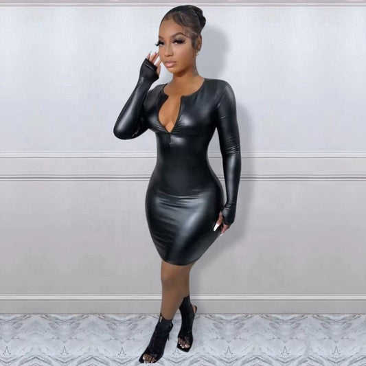 2022 women PU leather pure color sexy dress