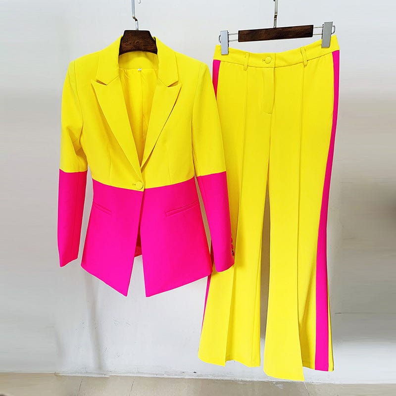 2022 Women's Single Button Color Block Blazer Flare Pants Suit Two-piece Professional Women's Suit Coat Blazer Sets