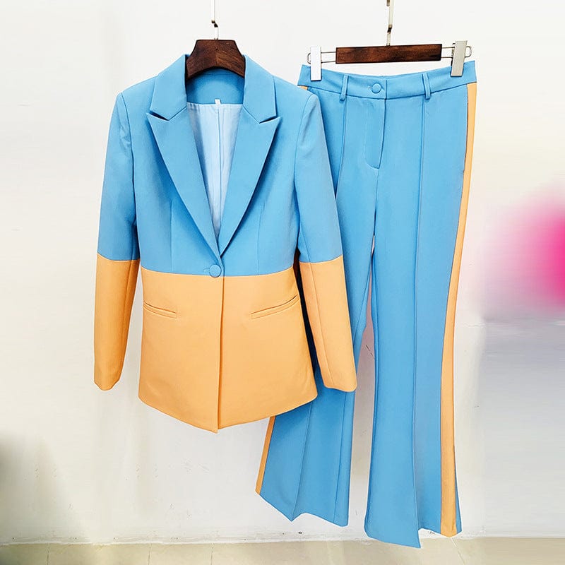 2022 Women's Single Button Color Block Blazer Flare Pants Suit Two-piece Professional Women's Suit Coat Blazer Sets