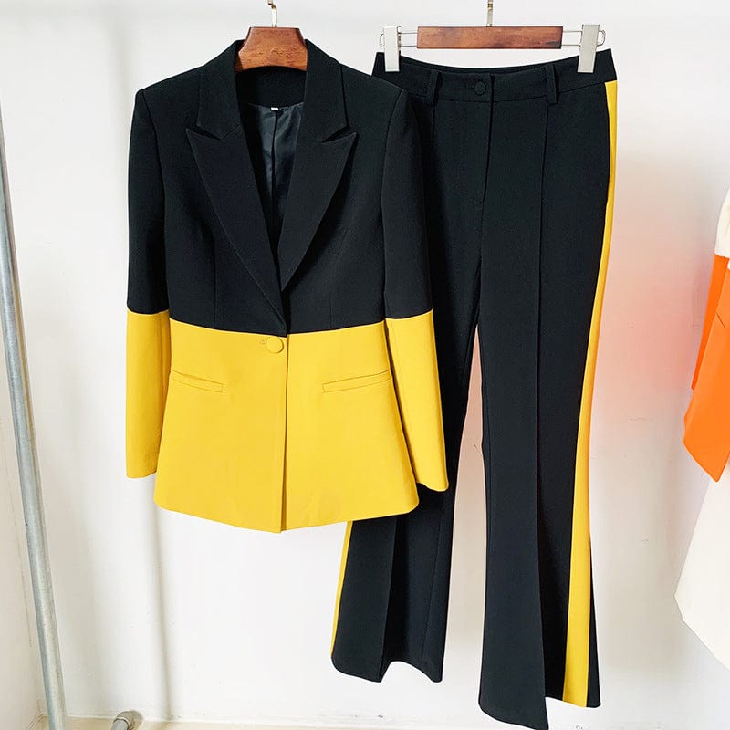 2022 Women's Single Button Color Block Blazer Flare Pants Suit Two-piece Professional Women's Suit Coat Blazer Sets