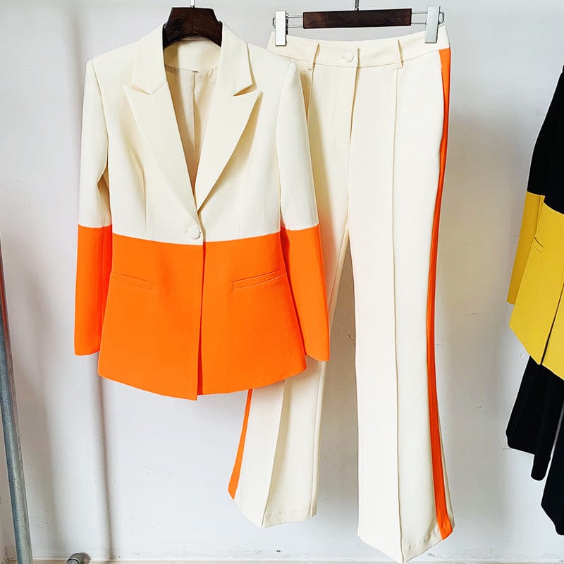 2022 Women's Single Button Color Block Blazer Flare Pants Suit Two-piece Professional Women's Suit Coat Blazer Sets