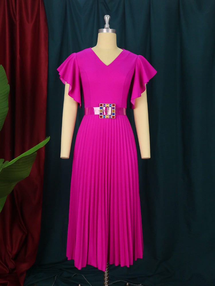 2022 Women Summer v-neck medium length pleated plus-size women rose red dress banquet dress