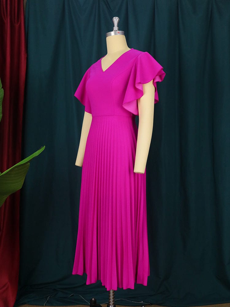2022 Women Summer v-neck medium length pleated plus-size women rose red dress banquet dress