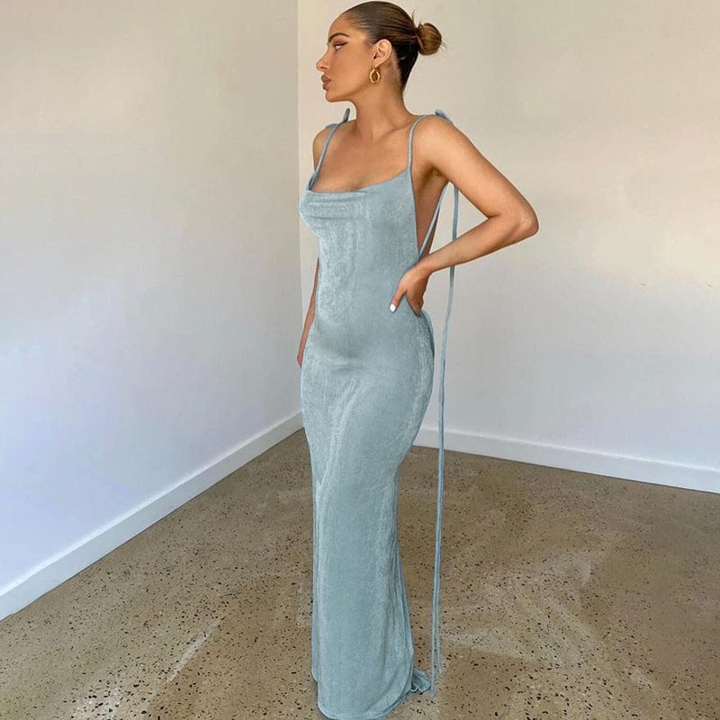 2022 Women Swing Collar Backless Maxi Dress Sexy Spaghetti Strap Slim Sleeveless Prom Dress Long Club Party Beach Dress Outfits