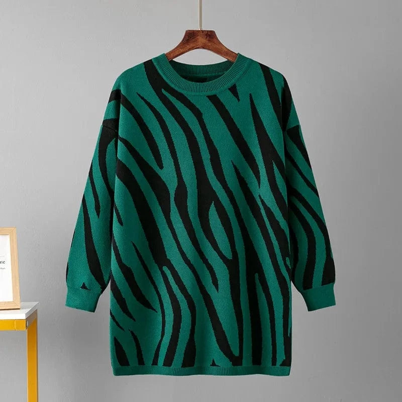 2023 Autumn And Winter New Zebra-print Fashion Knitted Pullover  Casual Round Neck Sweater