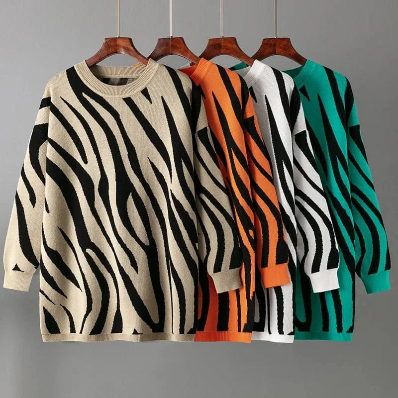 2023 Autumn And Winter New Zebra-print Fashion Knitted Pullover  Casual Round Neck Sweater