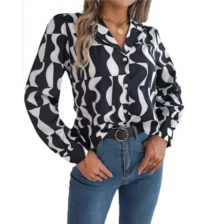 2023 Autumn and Winter temperament Contrast color Striped suit collar Long sleeve shirt  Women's clothing