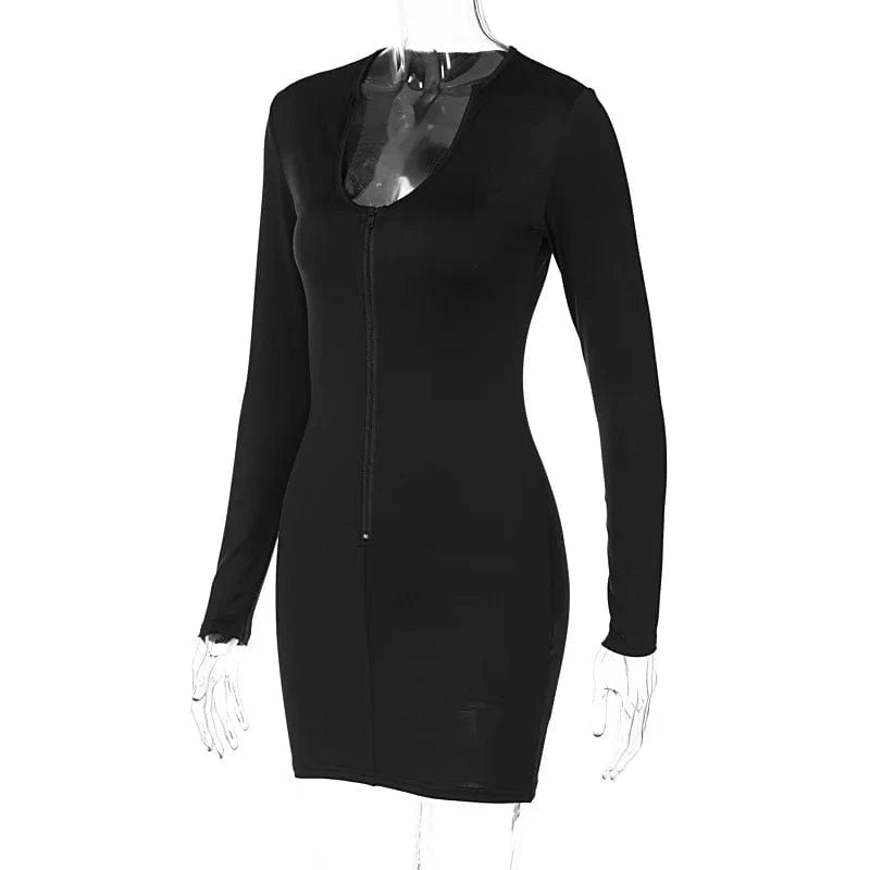 2023 Autumn Fashion Women's Chest Zipper Deep V-Neck Long Sleeved Sexy Short Tight Mini Dress