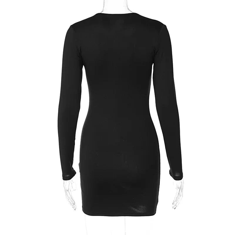 2023 Autumn Fashion Women's Chest Zipper Deep V-Neck Long Sleeved Sexy Short Tight Mini Dress