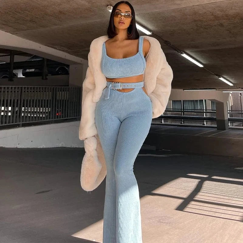 2023 Autumn Fashion Womens Two Piece Sets Solid Color Crop Top Tight Flared Trousers Women Sports Outfits