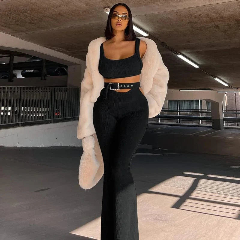 2023 Autumn Fashion Womens Two Piece Sets Solid Color Crop Top Tight Flared Trousers Women Sports Outfits
