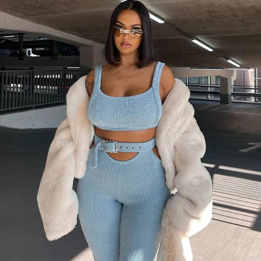 2023 Autumn Fashion Womens Two Piece Sets Solid Color Crop Top Tight Flared Trousers Women Sports Outfits