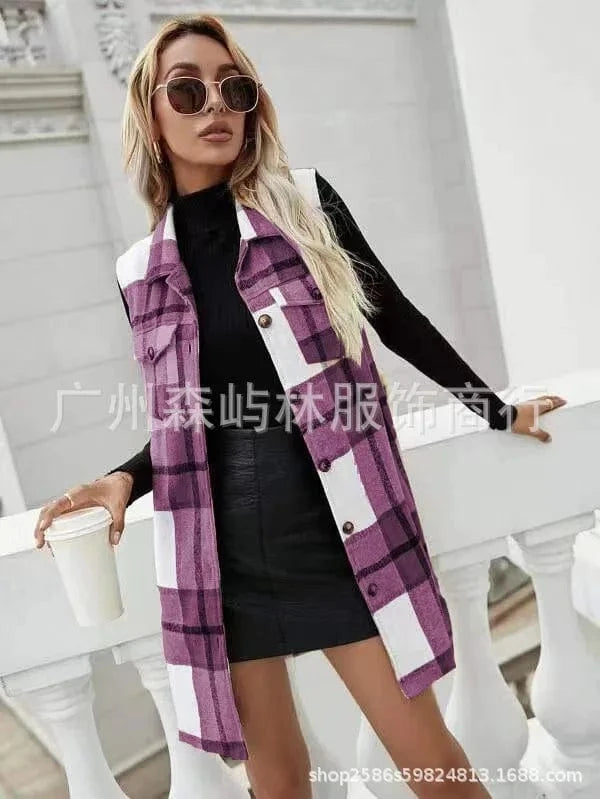 2023 Autumn Hot Selling Vintage Woolen Plaid Shirt Coat Long Sleeve Single Breasted Jacket Women Casual Midi Coat