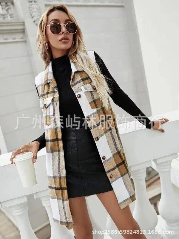2023 Autumn Hot Selling Vintage Woolen Plaid Shirt Coat Long Sleeve Single Breasted Jacket Women Casual Midi Coat