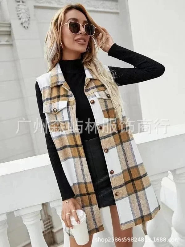 2023 Autumn Hot Selling Vintage Woolen Plaid Shirt Coat Long Sleeve Single Breasted Jacket Women Casual Midi Coat