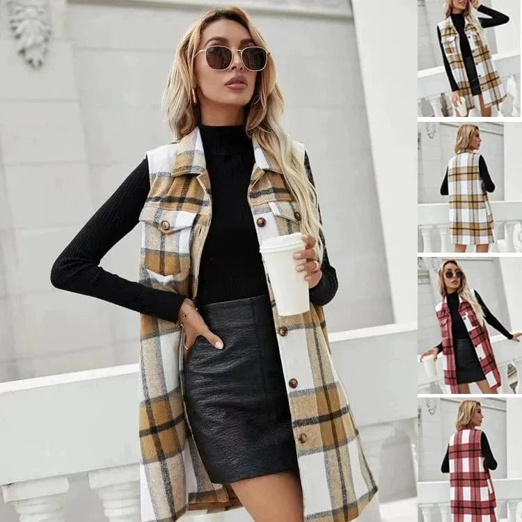 2023 Autumn Hot Selling Vintage Woolen Plaid Shirt Coat Long Sleeve Single Breasted Jacket Women Casual Midi Coat