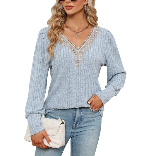 2023 Autumn new European and American Foreign trade Women's V-neck lace Loose pit sanding Loose Long sleeve T-shirt