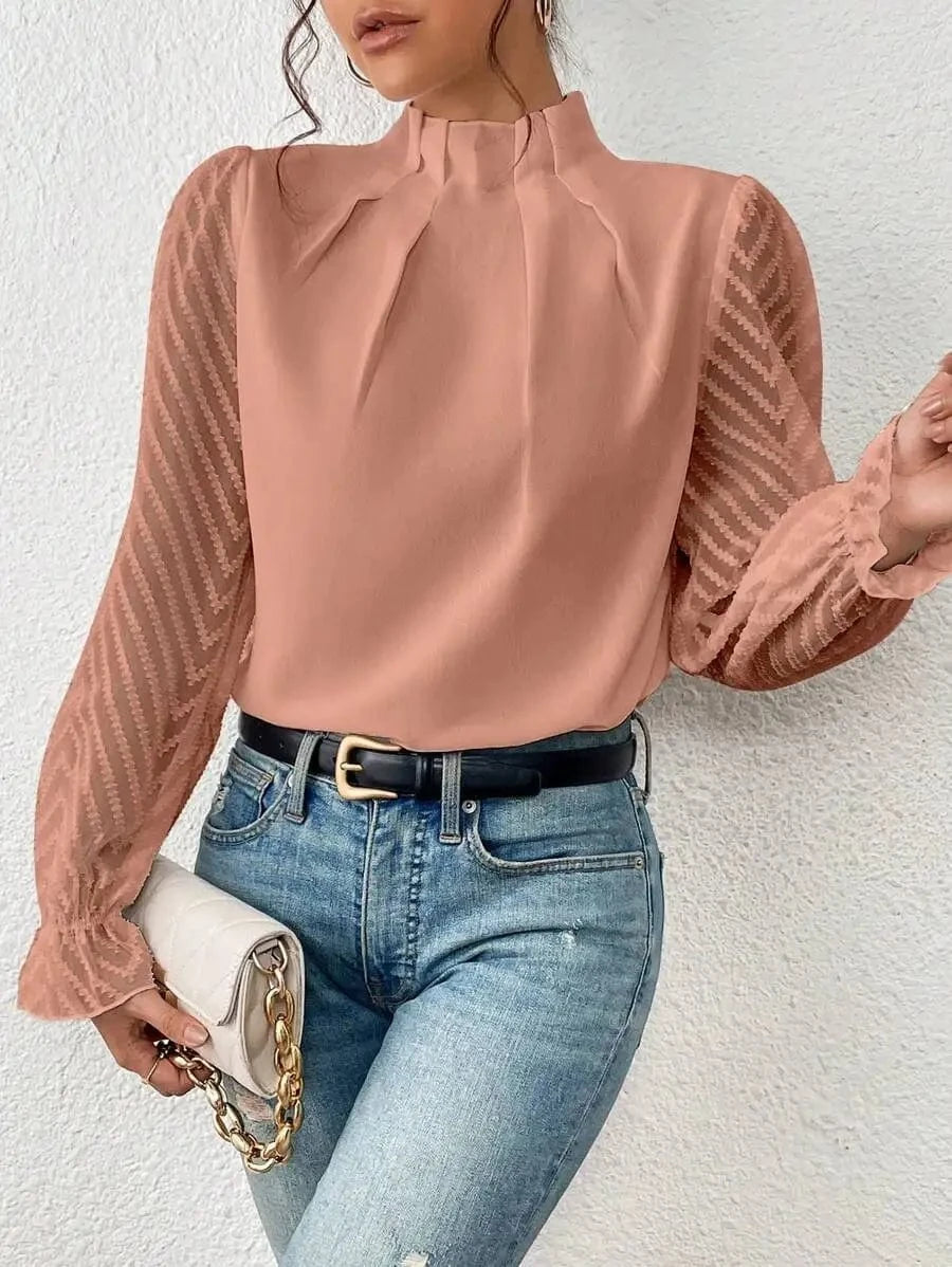 2023 Autumn Winter New Women's Half-high Neck Splicing Wavy Chiffon Long-sleeved Woman Blouse