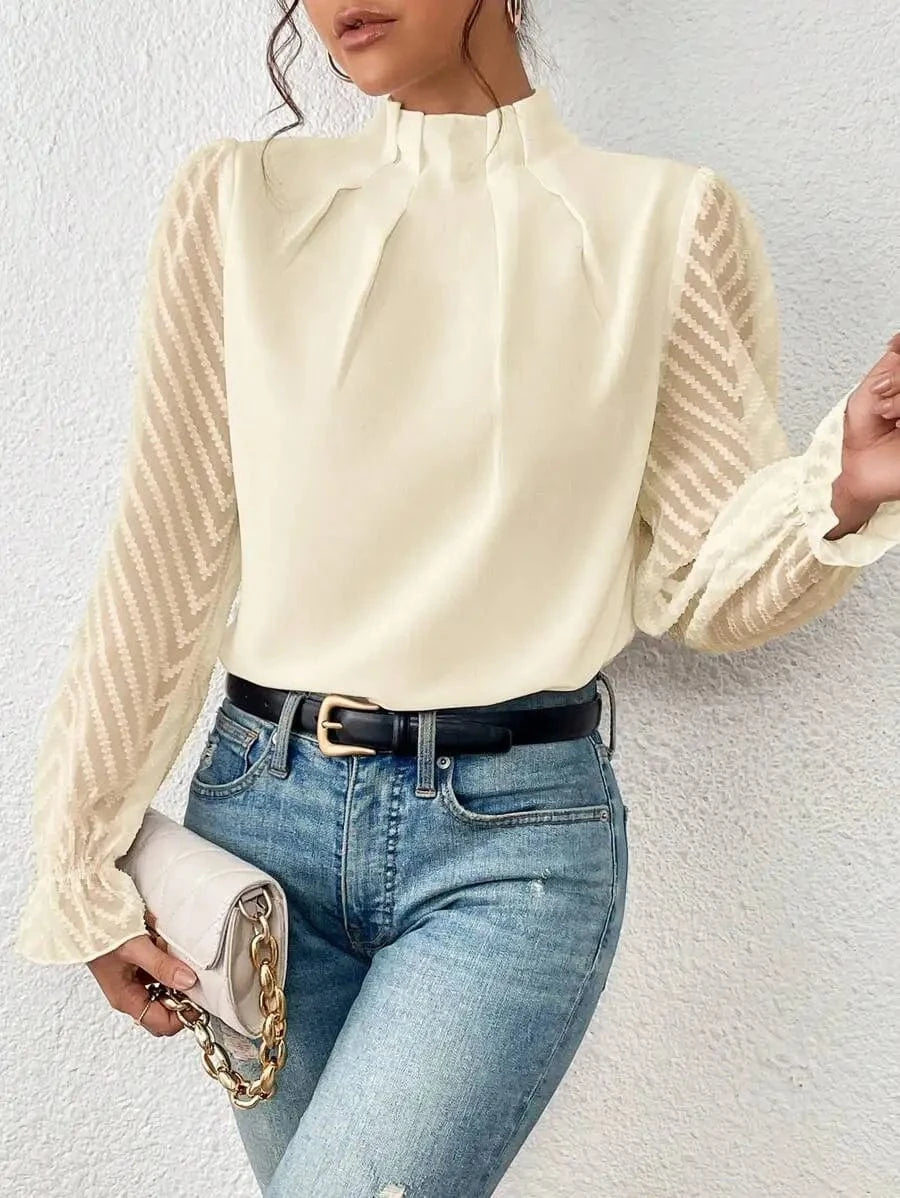 2023 Autumn Winter New Women's Half-high Neck Splicing Wavy Chiffon Long-sleeved Woman Blouse