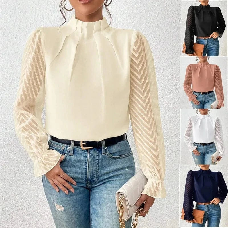 2023 Autumn Winter New Women's Half-high Neck Splicing Wavy Chiffon Long-sleeved Woman Blouse